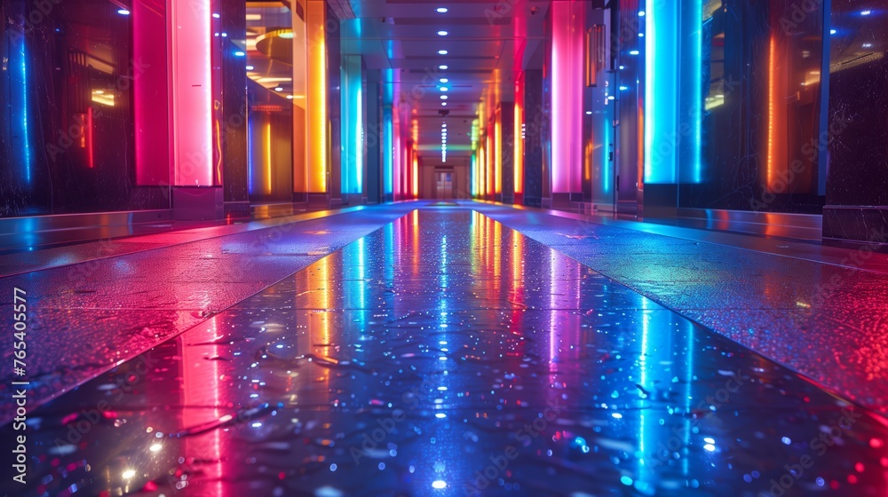 Neon lights in the hallway reflect on the fluid purple flooring