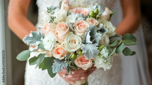 Woman in Wedding Dress Holding Bouquet