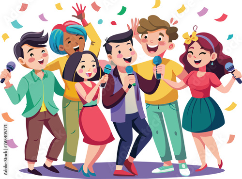 Group of happy young people singing karaoke with microphone vector illustration