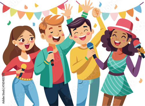 Group of young people singing karaoke together. Group of male and female characters having fun at party, 