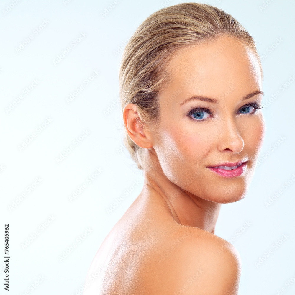 Fototapeta premium Portrait, makeup and skincare of woman, beauty or shine for health isolated on a white studio background mockup. Face, glow and blonde model in cosmetics for facial dermatology, wellness or aesthetic