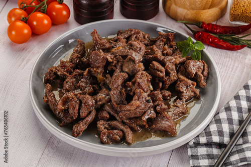 Stew beef slices with gravy photo