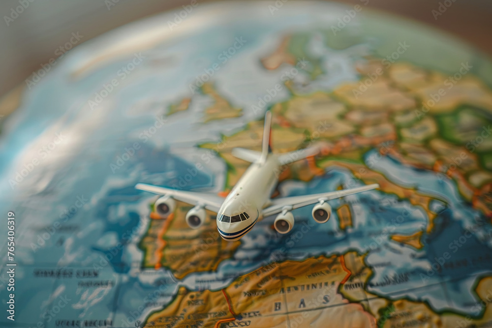 Toy jet airplane on a globe map Toy jet airplane on a globe map