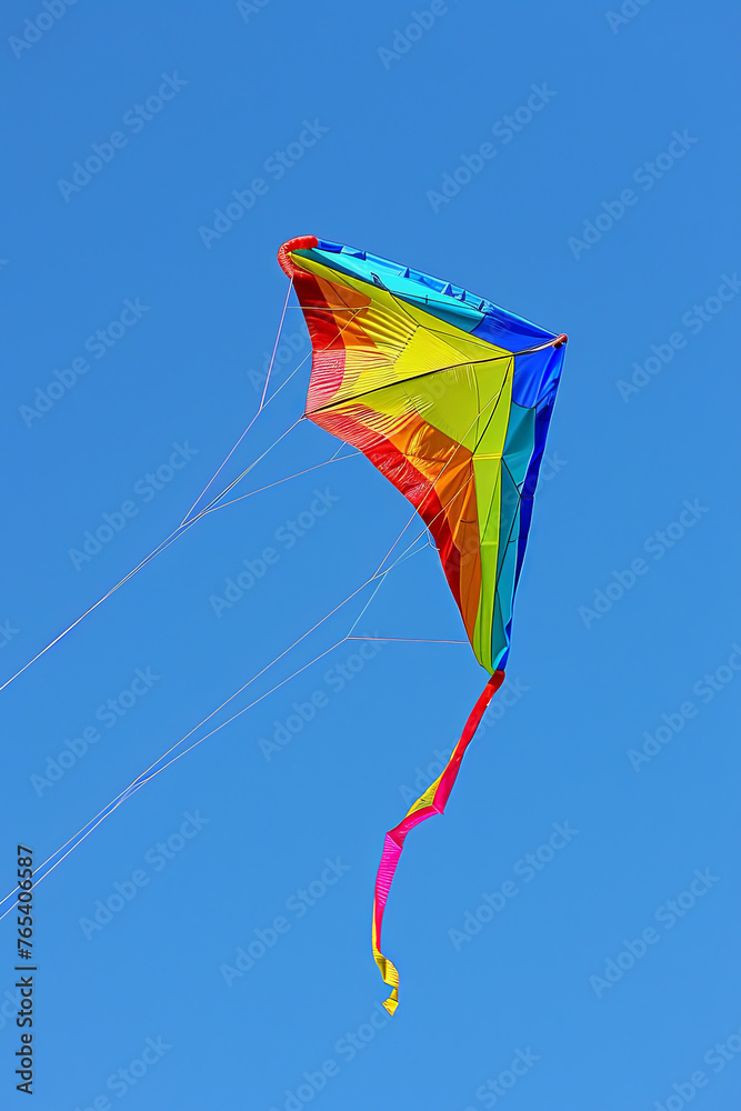 Rainbow-colored kite flying in a clear blue sky Rainbow-colored kite flying in a clear blue sky