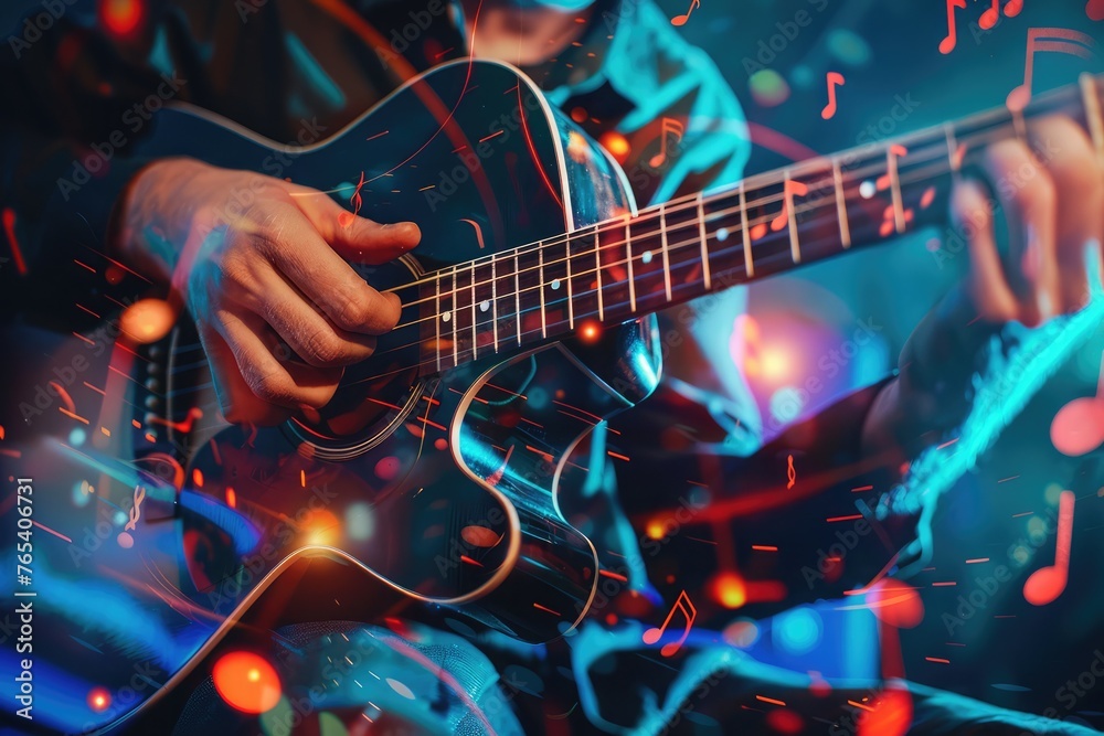 Obraz premium Background with playing guitar and musical notes .