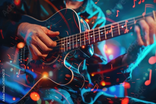 Background with playing guitar and musical notes .