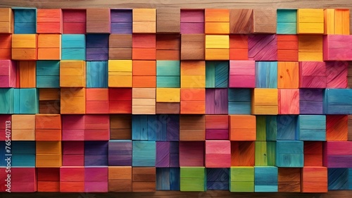 Colorful wood block stack on the wall for background Abstract colorful wood texture