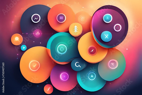 Color circles with flat icons in an arrow up business, marketing research, strategy, mission, analytics concepts. Abstract background with connected objects