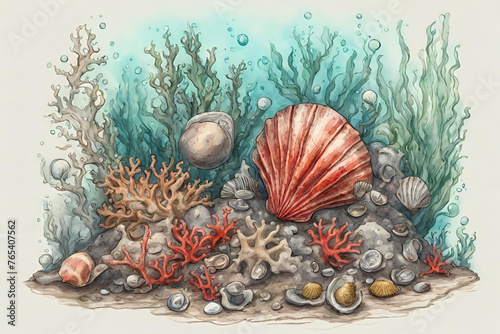 Underwater still life with shells and corals. Hand drawn colored sketch of underwater junk such as shells small coins peebles red corals green algae and air bubbles photo
