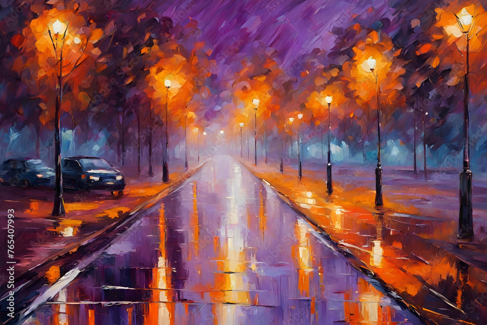 Original expressionism oil painting evening park cityscape, beautiful reflection on wet asphalt on canvas. Abstract violet orange lonely night park. Palette knife artwork. Impressionism. Art
