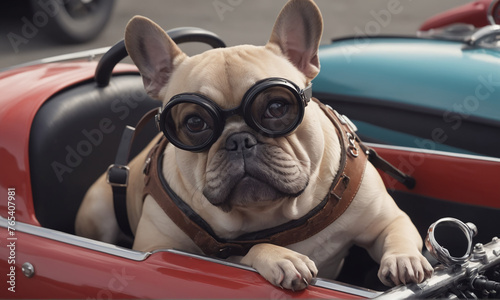 Close-up of a funny french bulldog with goggles in a pedal car detailed