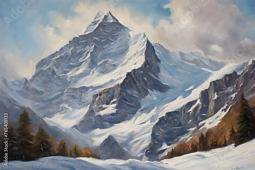 Oil painting of the Jungfrau mountain peak in switzerland © superbphoto95