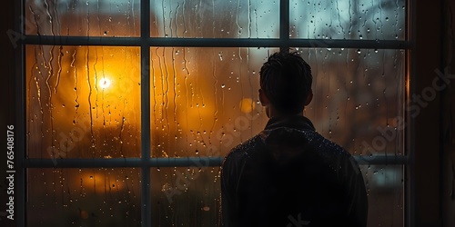 Silhouetted Man Seeking Solace Through Rainy Window,Contemplative and Introspective Mood