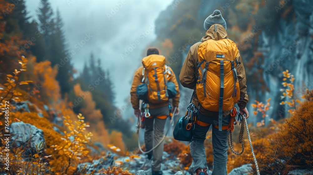 Two hikers with backpacks exploring mountain landscapes Two hikers with backpacks exploring mountain landscapes
