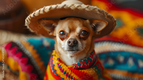 A cheerful chihuahua dog wearing a sombrero and a poncho on a colorful background. © AI ARTISTRY