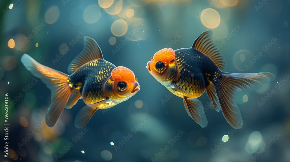 Fototapeta premium Two electric blue fish swimming together in an aquarium