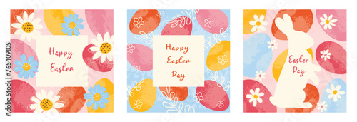 Set 3 festive card with grunge textured eggs, hand drawn flowers, leaves and typography for Happy Easter. Trendy design for poster, banner, invitation, cover.