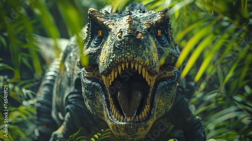 A fearsome dinosaur emerging from dense prehistoric foliage