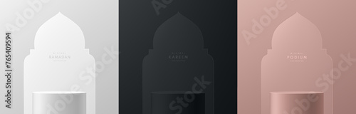 Set of ramadan kareem 3D podium background in black, silver and pink gold with gate mosque shape scene. Islamic Eid al Adha Mubarak festival banner. Luxury mockup display presentation. Stage showcase.