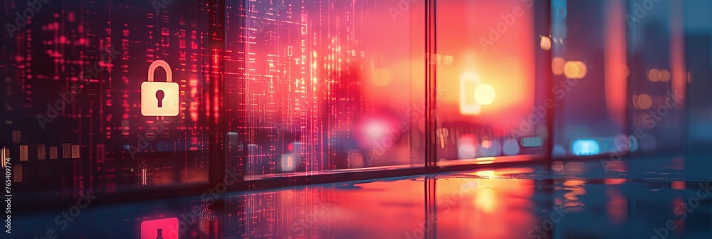 Naklejka premium Cybersecurity concept with laptop and lock icon. A visually captivating illustration showcasing a laptop with a glowing lock symbol signifying cybersecurity, set against a futuristic digital backdrop