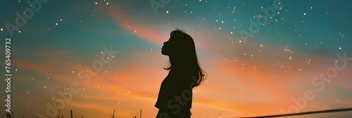 Young woman looking up at the sky at sunset © john