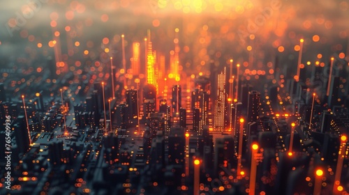 Urban landscape of glowing data points and bar graphs represents digital intelligence in city planning
