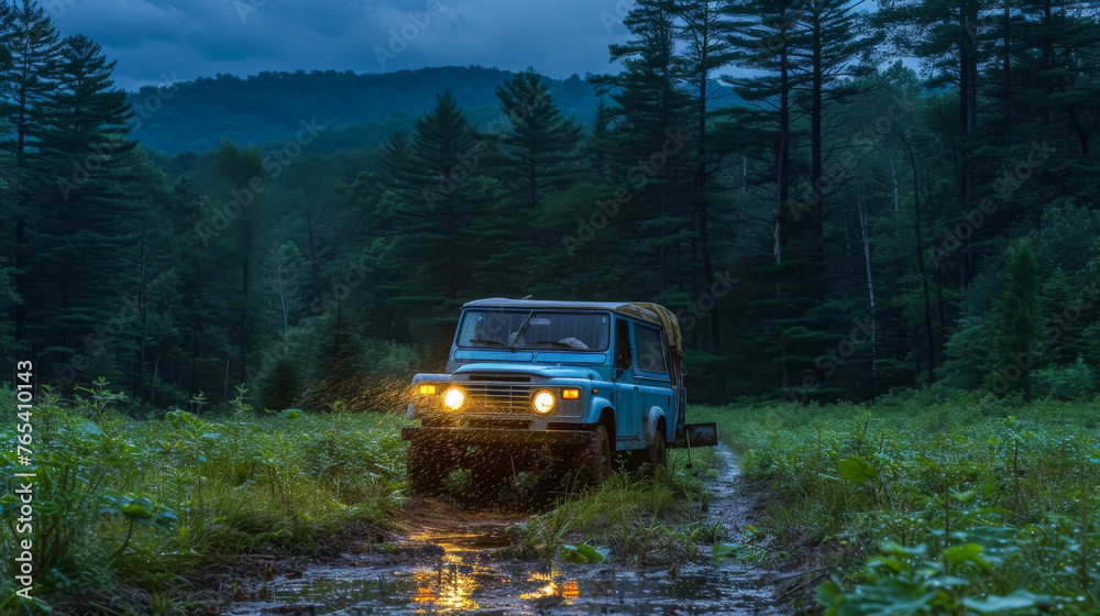 free space for title and Shot of car with bright headlights piercing through rainy twilight