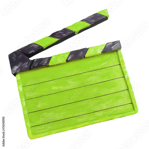 Film slate or Flying green color clapperboard, isolated on transparent background, Movie industry, Cinema and movie. png isolated transparent background.