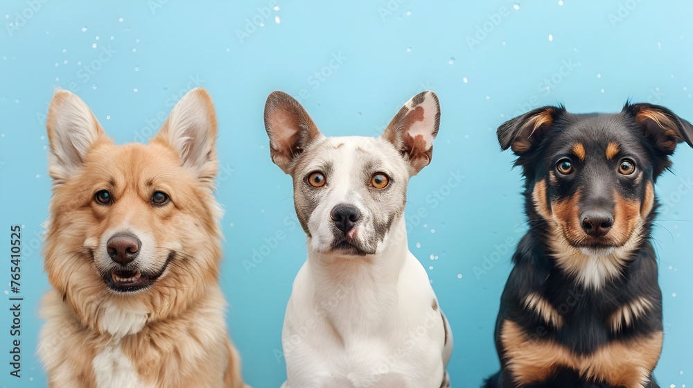 Three  Four Different Dogs Posing on a Blue Background