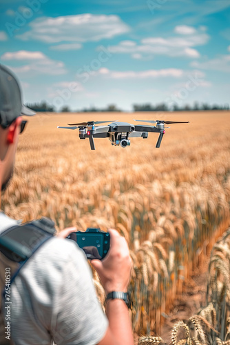 Man holding a remote controller while a drone hovers in the background over a wheat field