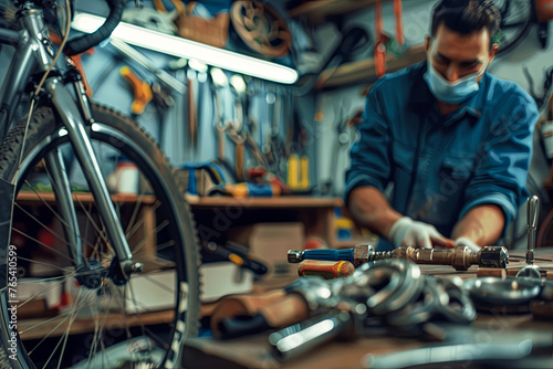 Workshop tools with a bicycle mechanic repairing a wheel in the background photo