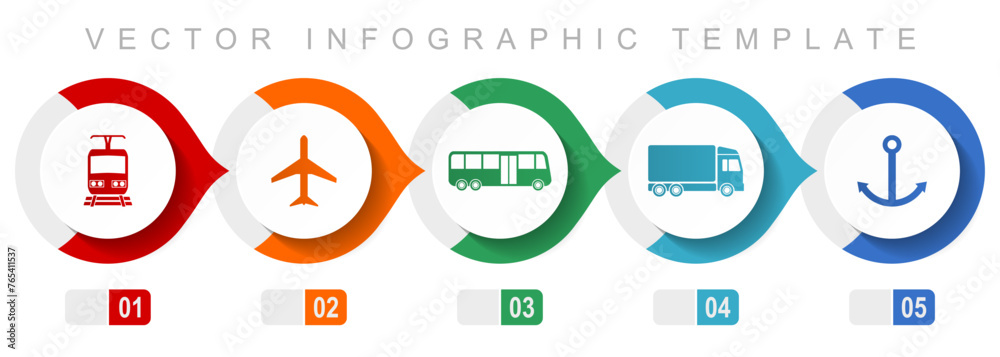 Transport flat design infographic template, miscellaneous symbols such as train, plane, bus, truck and anchor, vector icons collection Transport flat design infographic template, miscellaneous symbols such as train, plane, bus, truck and anchor, vector icons collection