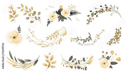 Luxury botanical gold wedding frame elements collection. Set of circle, glitters, leaf branches, flower, eucalyptus. Elegant foliage design for wedding, card, invitation, greeting