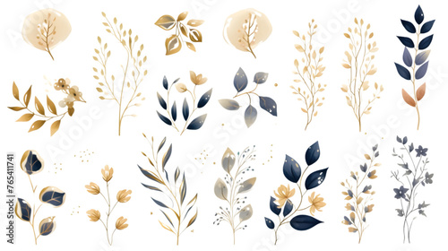 Luxury botanical gold wedding frame elements collection. Set of circle, glitters, leaf branches, flower, eucalyptus. Elegant foliage design for wedding, card, invitation, greeting #765411741