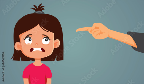 Scolded Daughter Feeling Guilty Looking Suspicious Vector Cartoon. Authoritarian parent fighting with little girl over honest mistake 
