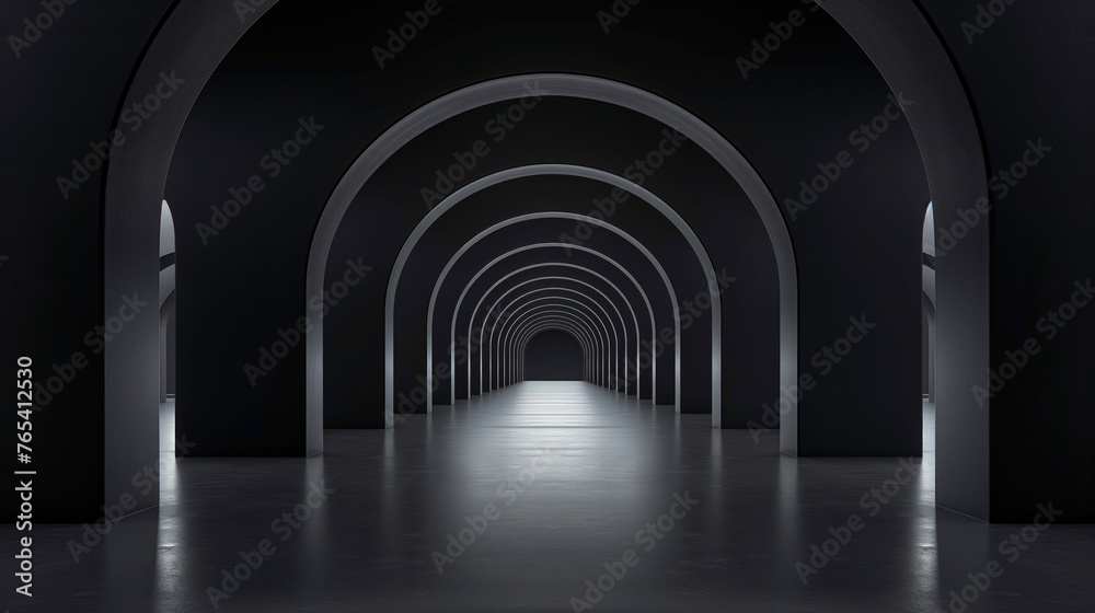 Futuristic space made from materials of the future. Corridor with luminous arches. Beautiful reflection on the floor. Background for design and promotion. Architecture and interior. Futuristic space made from materials of the future. Corridor with luminous arches. Beautiful reflection on the floor. Background for design and promotion. Architecture and interior.