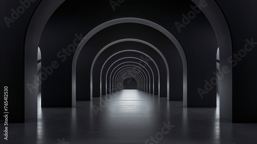 Futuristic space made from materials of the future. Corridor with luminous arches. Beautiful reflection on the floor. Background for design and promotion. Architecture and interior.