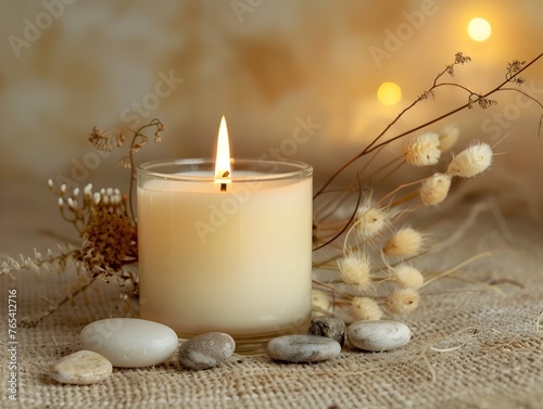 Cozy Candlelight Atmosphere with Botanical Accents for Relaxation and Wellness at Home