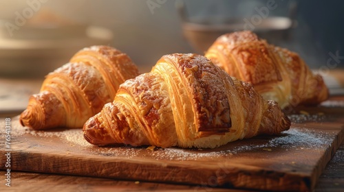 Perfect golden croissants on a dark slate background