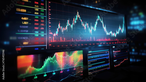 Digital analytics data visualization, financial schedule, monitor screen in perspective. Business chart with glowing arrows and world map. Creative forex background. Global market index.