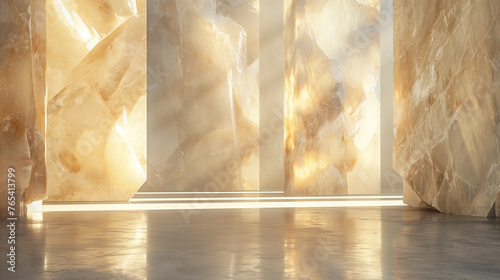 An empty room with walls and partitions with the texture of a translucent gemstone. Background for placing people, products and advertising. Screensaver for the presentation of architecture.