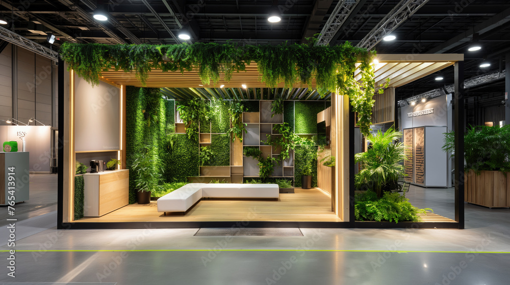 Fototapeta premium A stylish and modern office interior featuring an entire wall filled with lush green plants and comfortable seating areas, giving a touch of nature.