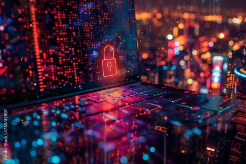 Cybersecurity concept with laptop and lock icon. A visually captivating illustration showcasing a laptop with a glowing lock symbol signifying cybersecurity, set against a futuristic digital backdrop