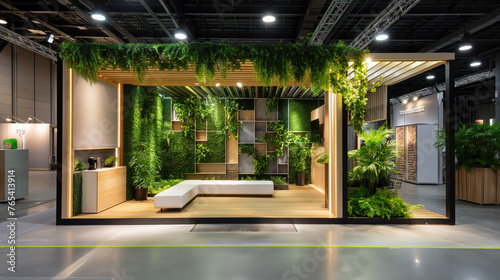 A stylish and modern office interior featuring an entire wall filled with lush green plants and comfortable seating areas, giving a touch of nature.
