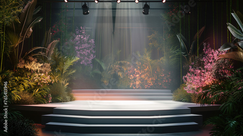 A space with a podium among the tropics. Image for presentation, advertising, people, products and goods. Platform with exotic plants in pots. Botany, natural views and interior.