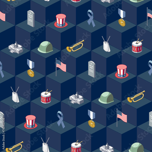 Colorful isometric US memorial day on blue geometric background