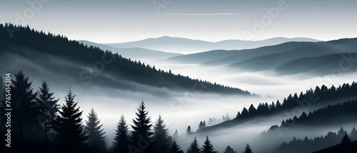 Beautiful scenery of fog landscape with majestic mountains in black forest
