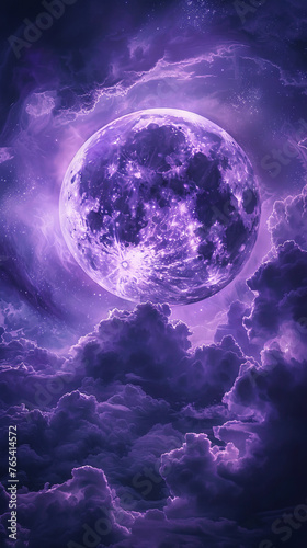 An ethereal purple moon with clouds around it