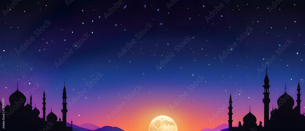 Naklejka premium Ramadan Kareem background with Dramatic Night Sky, Banner Religions Symbolic of Islamic or Muslim for Eid Mubarak, Eid al fitr