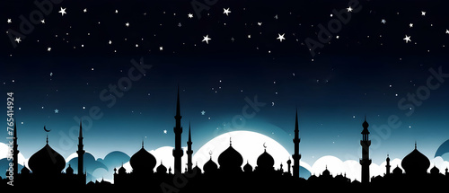 Eid al Adha Mubarak card with Silhouette Dome Mosques at dark night with light moon and star sky, panorama banner background for Islamic religions